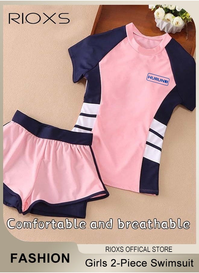 RIOXS Girls Two-Piece Swimsuit Rash Guard Short Sleeve Swimsuit Kids Swimwear Water Sports Sun Protection Bathing Suits With Skirts  - Image 3