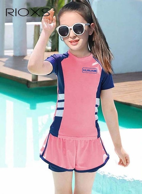 2DXuixsh Girls Swimsuits Tankini Bathing Suits Boyshort Summer Beach Rash Guard Swimwear Kids Cap Short Sleeve Check Stylish Cute Kids Swimsuit Blue