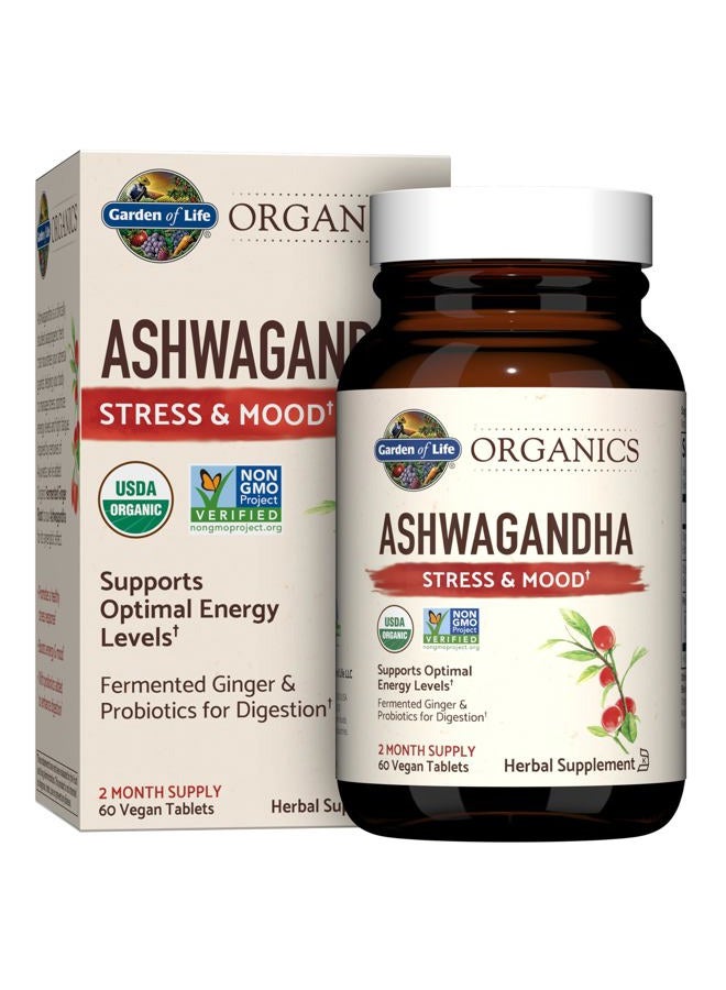Garden of Life Organic Ashwagandha Supplement with Probiotics & Ginger - Stress, Mood & Energy Support, Vegan, Gluten Free, Non GMO, 2 Month Supply, 60 Tablets - Image 1