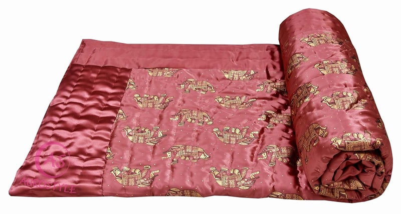 AUROSTYLE Rajasthani Cotton Filled Light Weight Silk Soft Jaipuri AC Quilt Dohar Over All Floral Print Design Blankets for Home 85x100 InchGajri Elephant Print Double Bed - Image 5