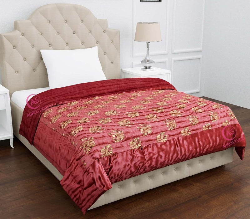 AUROSTYLE Rajasthani Cotton Filled Light Weight Silk Soft Jaipuri AC Quilt Dohar Over All Floral Print Design Blankets for Home 85x100 InchGajri Elephant Print Double Bed - Image 2