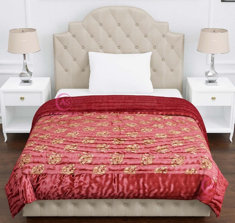 AUROSTYLE Rajasthani Cotton Filled Light Weight Silk Soft Jaipuri AC Quilt Dohar Over All Floral Print Design Blankets for Home 85x100 InchGajri Elephant Print Double Bed - Image 3