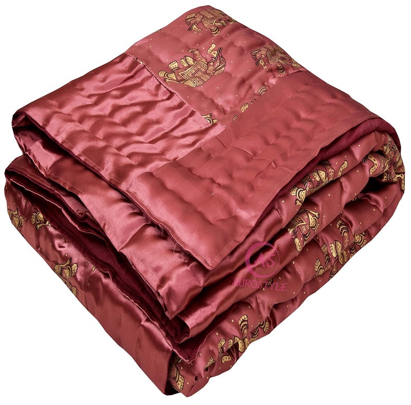 AUROSTYLE Rajasthani Cotton Filled Light Weight Silk Soft Jaipuri AC Quilt Dohar Over All Floral Print Design Blankets for Home 85x100 InchGajri Elephant Print Double Bed - Image 1