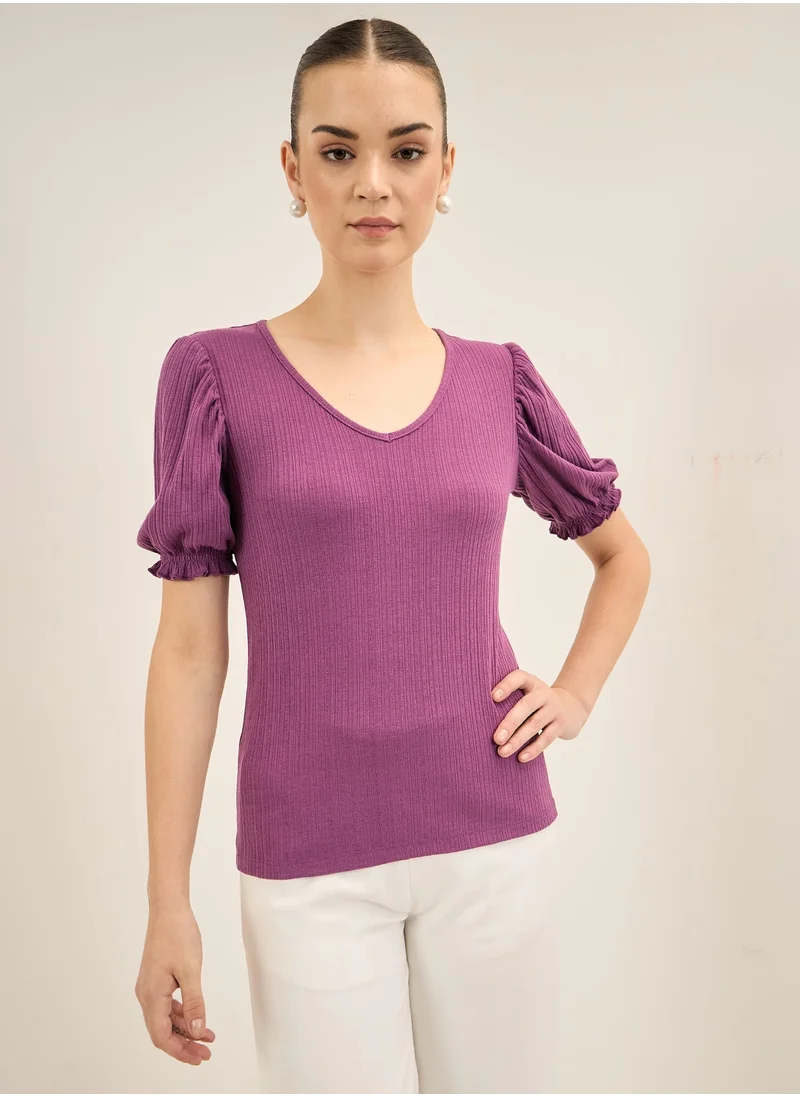 Salt Attire Salt Attire Women's Purple V-Neck Top with Elbow-Length Gathered Sleeves and Regular Fit, Perfect for Casual Outings, Office Wear, and Everyday Comfort with a Touch of Elegance