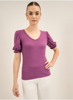 Women's Purple V-Neck Top with Elbow-Length Gathered Sleeves and Regular Fit, Perfect for Casual Outings, Office Wear, and Everyday Comfort with a Touch of Elegance