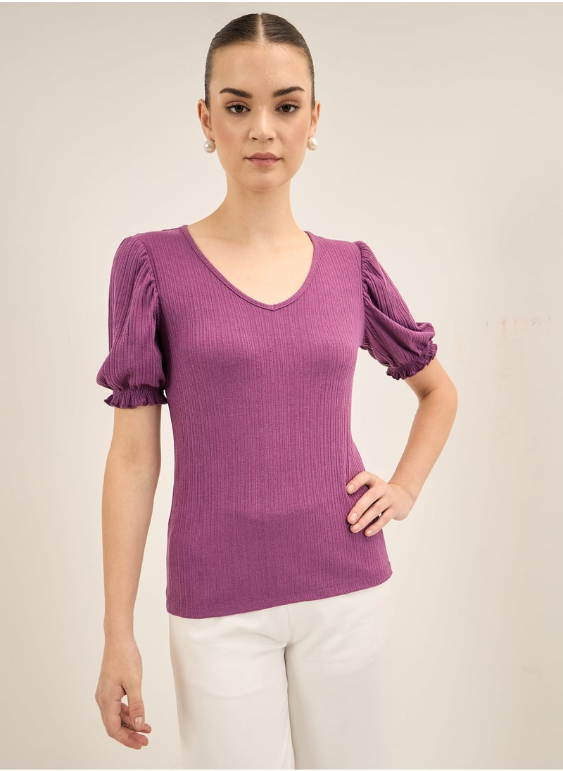 Salt Attire - Women's Purple V-Neck Top with Elbow-Length Gathered Sleeves and Regular Fit, Perfect for Casual Outings, Office Wear, and Everyday Comfort with a Touch of Elegance - Image 1