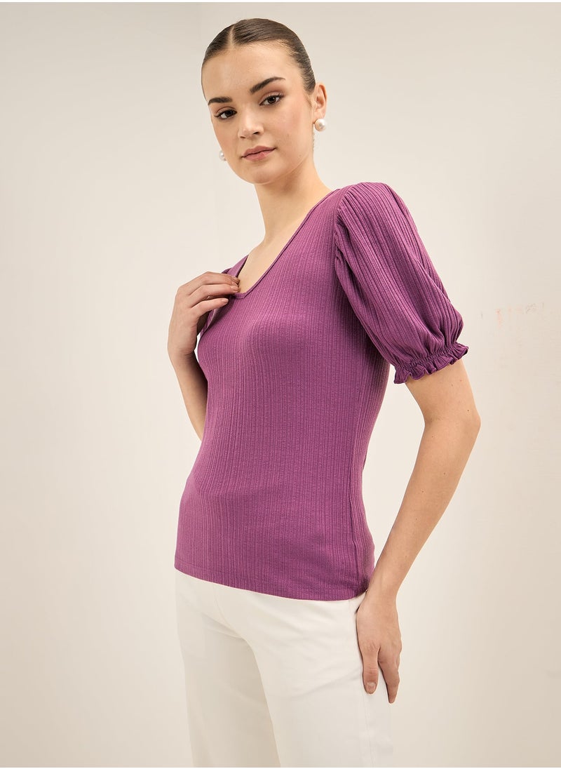 Salt Attire - Women's Purple V-Neck Top with Elbow-Length Gathered Sleeves and Regular Fit, Perfect for Casual Outings, Office Wear, and Everyday Comfort with a Touch of Elegance - Image 1