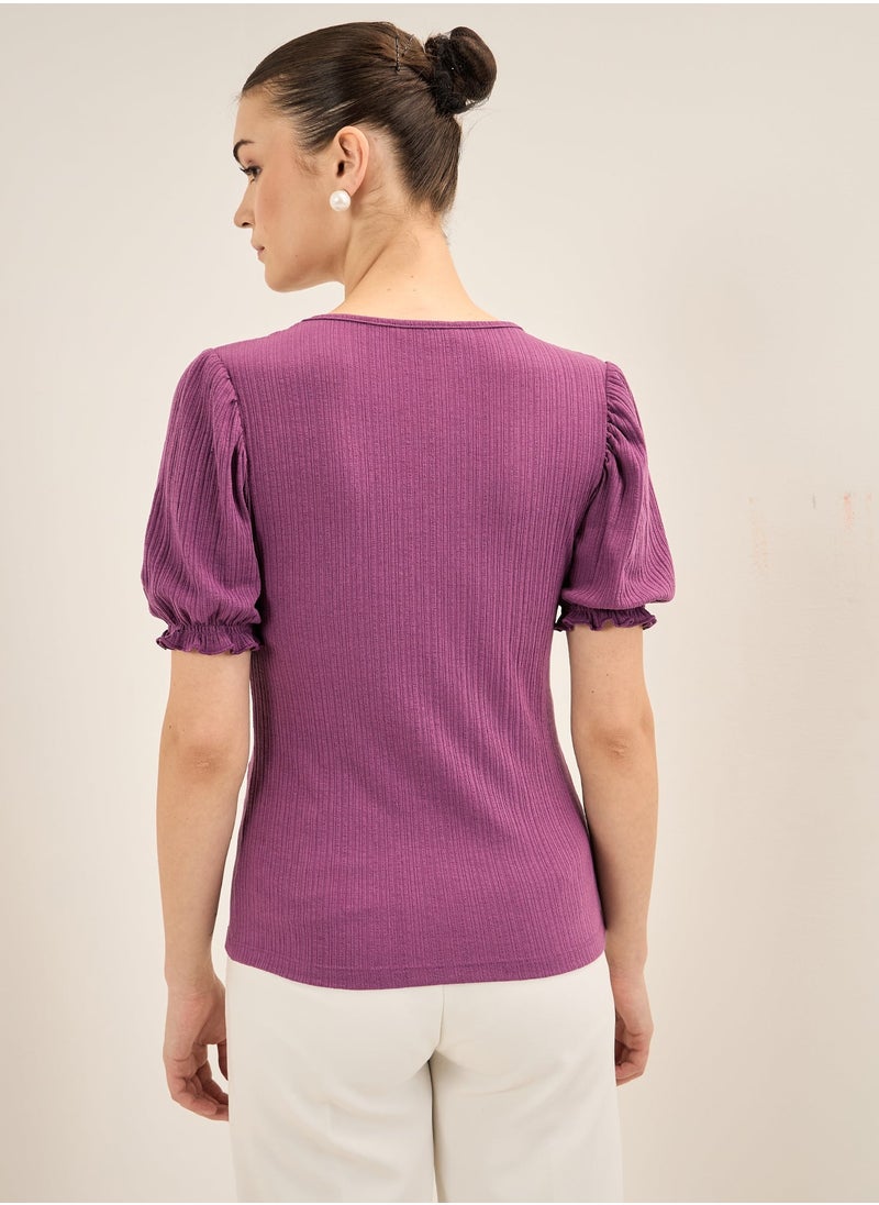 Salt Attire - Women's Purple V-Neck Top with Elbow-Length Gathered Sleeves and Regular Fit, Perfect for Casual Outings, Office Wear, and Everyday Comfort with a Touch of Elegance - Image 1