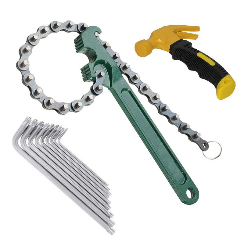 Digital Craft 3 Item Combo 9 Inch MultiPurpose Motorcycle Car Engine Oil Filter Chain Wrench Spanner Removal Tool 225 Adjustable Wrench With Chain Wrench Trox Allen key Set Mini Hammer - Image 1