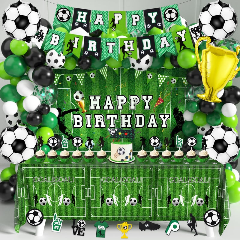 BORAMDO Soccer Birthday Party Decorations 87Pcs Soccer Birthday Party Supplies Including Tablecloth Backdrop Banner Cake Topper Latex Balloons Foil Balloons Decorations Kit - Image 1
