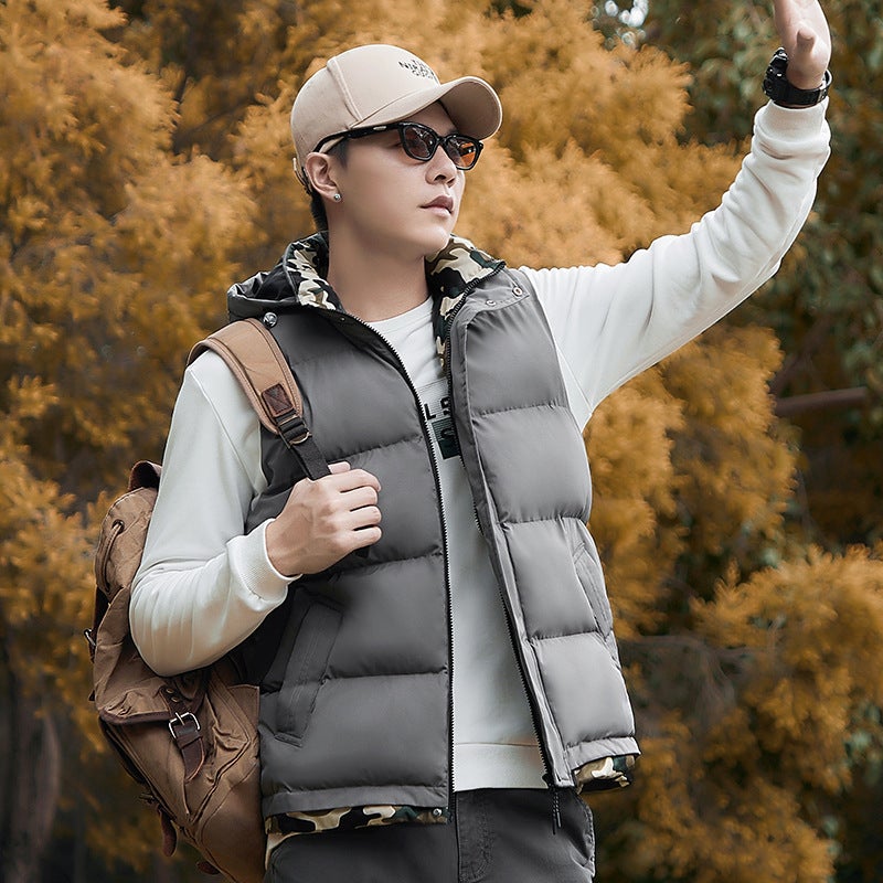 Cross-border Cotton Vest Mens Autumn and Winter New Fashionable Removable Hat Fake Two-piece Camouflage Windproof Warm Waistcoat 683-dark gray - Image 1