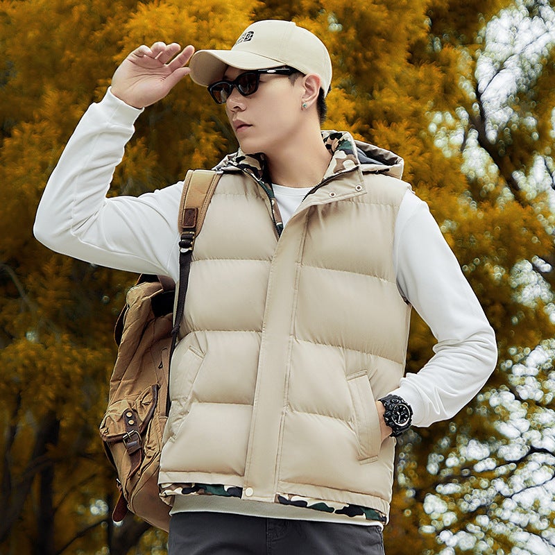 Cross-border Cotton Vest Mens Autumn and Winter New Fashionable Removable Hat Fake Two-piece Camouflage Windproof Warm Waistcoat 683-dark gray - Image 2