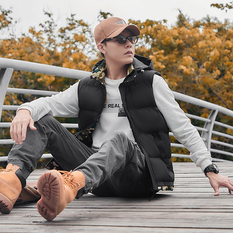 Cross-border Cotton Vest Mens Autumn and Winter New Fashionable Removable Hat Fake Two-piece Camouflage Windproof Warm Waistcoat 683-dark gray - Image 3