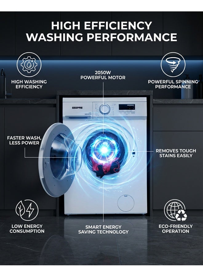 GEEPAS 6 KG Front Load Fully Automatic Washing Machine|Durable Stainless Steel Drum, 15 Washing programs, 1000 RPM, LED Display | Waterproof IPX4 |2050 W 1 Years Warranty GWMF68005LCU White - Image 4