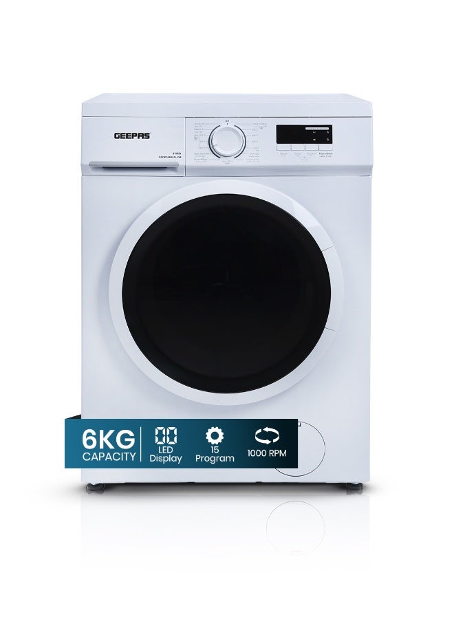 GEEPAS 6 KG Front Load Fully Automatic Washing Machine|Durable Stainless Steel Drum, 15 Washing programs, 1000 RPM, LED Display | Waterproof IPX4 |2050 W 1 Years Warranty GWMF68005LCU White - Image 1