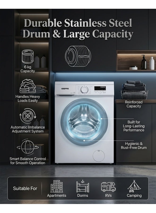GEEPAS 6 KG Front Load Fully Automatic Washing Machine|Durable Stainless Steel Drum, 15 Washing programs, 1000 RPM, LED Display | Waterproof IPX4 |2050 W 1 Years Warranty GWMF68005LCU White - Image 5