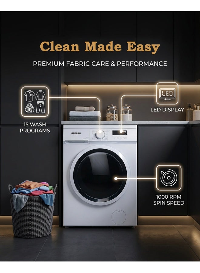 GEEPAS 6 KG Front Load Fully Automatic Washing Machine|Durable Stainless Steel Drum, 15 Washing programs, 1000 RPM, LED Display | Waterproof IPX4 |2050 W 1 Years Warranty GWMF68005LCU White - Image 3