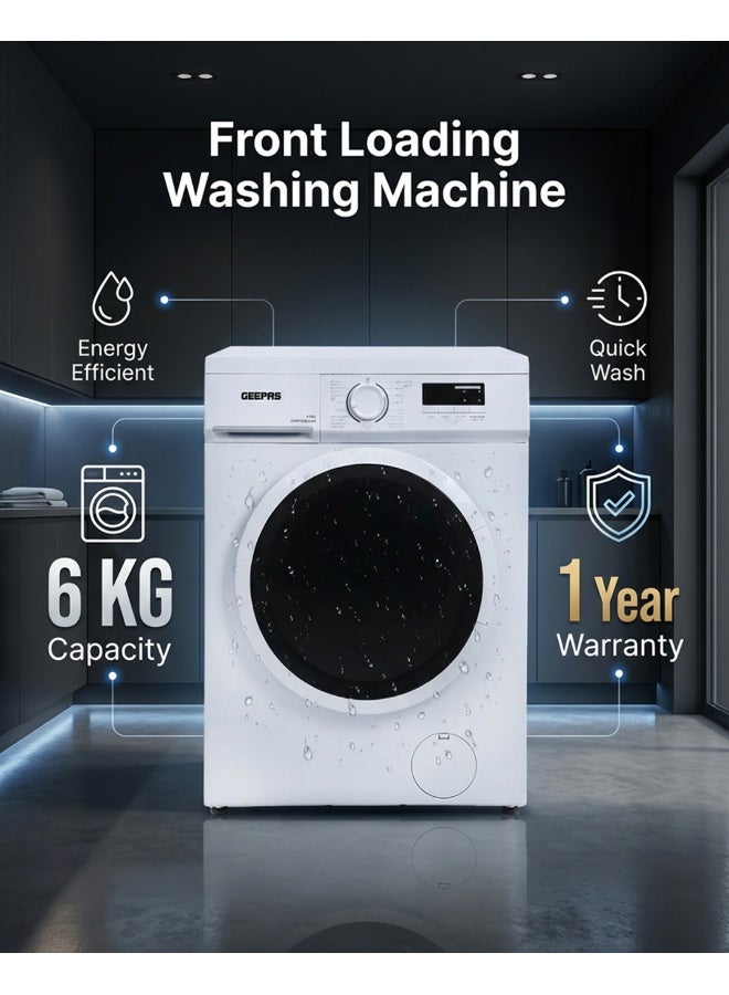 GEEPAS 6 KG Front Load Fully Automatic Washing Machine|Durable Stainless Steel Drum, 15 Washing programs, 1000 RPM, LED Display | Waterproof IPX4 |2050 W 1 Years Warranty GWMF68005LCU White - Image 2