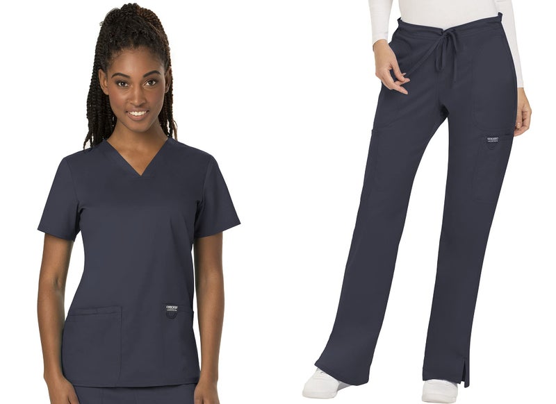 Cherokee Scrub Set for Women VNeck Top Drawstring Flare Leg Pant Soft 2Way Stretch Easy Care Medical Uniform CK00041C L Pewter