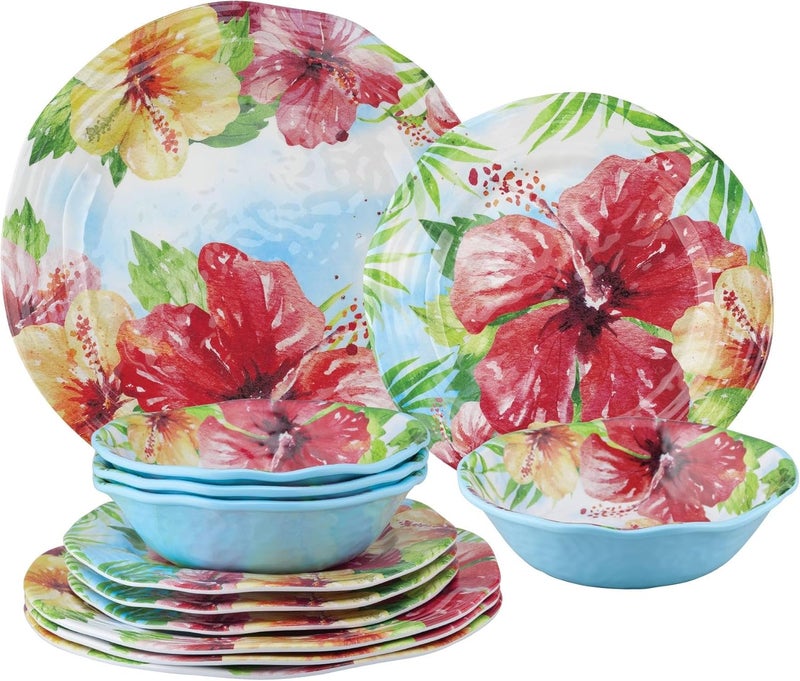 UPware 12 Piece Hibiscus Melamine Dinnerware Sets Outdoor Dishes Set Plates and Bowls Sets Service for 4 Multicolor - Image 1