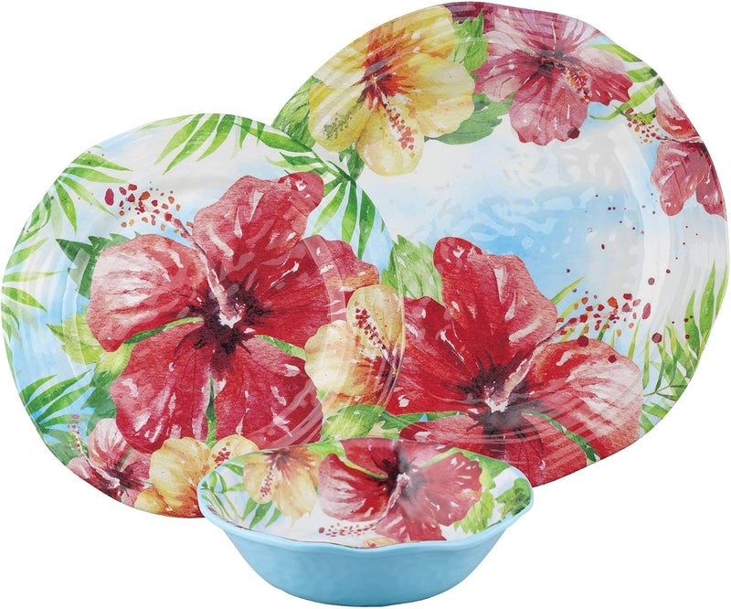 UPware 12 Piece Hibiscus Melamine Dinnerware Sets Outdoor Dishes Set Plates and Bowls Sets Service for 4 Multicolor - Image 2