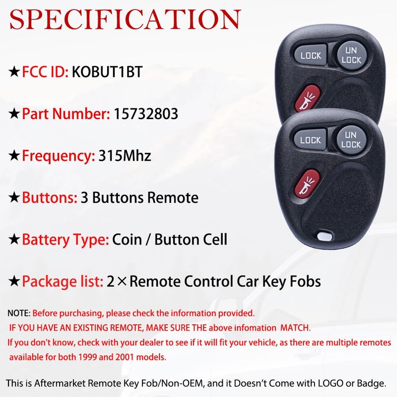 MechanMagic 2 Key Fob Replacement Fits for Chevy Tahoe Silverado Suburban 1500 S10 / GMC Sierra Yukon Jimmy 1999 2000 2001 2002 Keyless Entry Remote Control KOBUT1BT 15732803 315MHz 3-Btn - Image 4