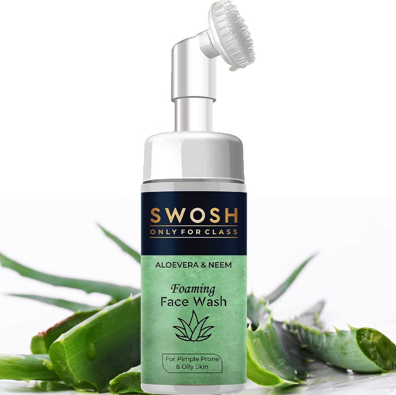 SWOSH Aloe Vera  Neem Foaming Face Wash For Pimple Prone  Oily Skin No Parabens Sulphate Silicones  Color with Builtin Face Brush 100 ml 338 fl oz
