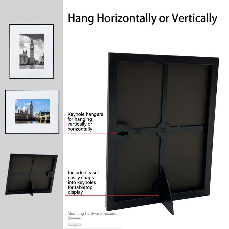 GOmaize Front Loading Black Picture Frame Set of 5,Display pictures 5x7 with mat or 8x10 without mat,Wall and Table Mounting - Image 3