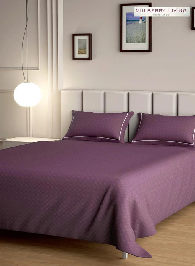 Mulberry Living 100% Cotton King Flat Bedsheet With 2 Pillow Covers - 300Tc Urban Grid - Plum