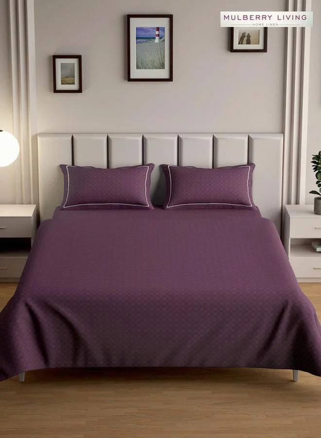 Mulberry Living 100% Cotton King Flat Bedsheet With 2 Pillow Covers - 300Tc Urban Grid - Plum