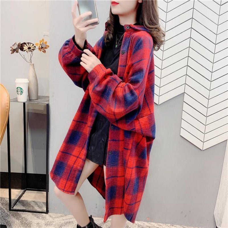 Plaid Shirt Womens Long Coat Trendy ins2024 Spring New Loose Sanding Retro Hong Kong Style Long Sleeve Coat Red and blue plaid long style
