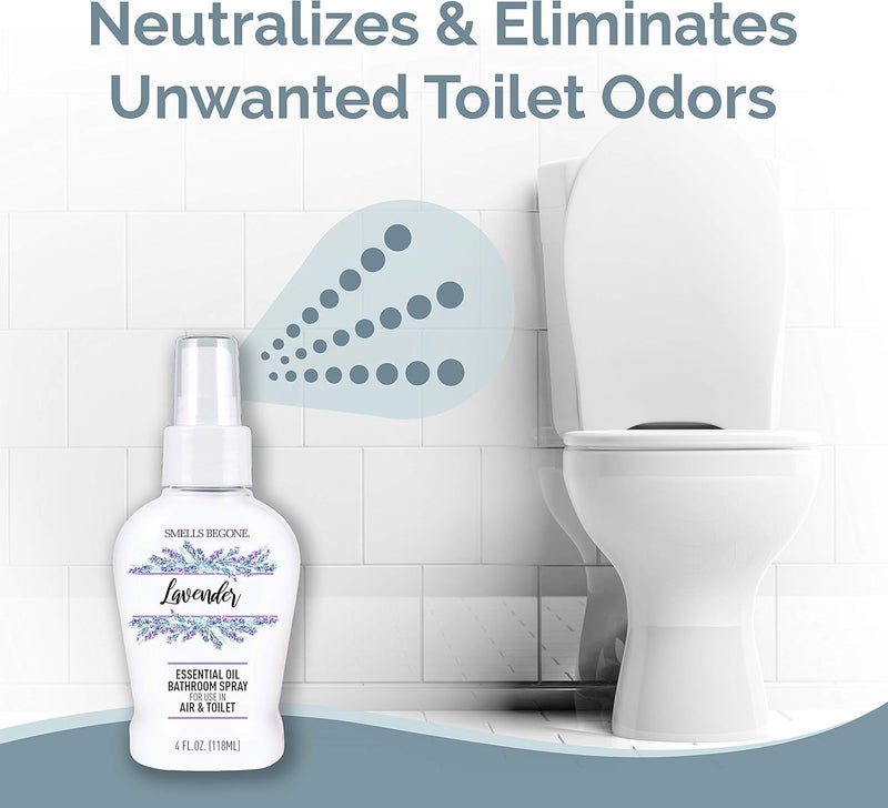 Smells Begone بخاخ معطر هواء للحمام بزيت عطري 4 أونصات - يقضي على روائح الحمام والمرحاض - مصنوع من الزيوت العطرية - رائحة اللافندر - Image 1