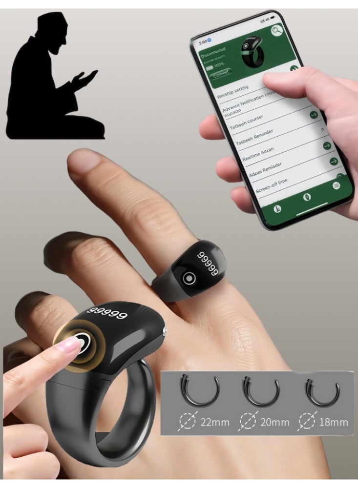 BESTPEAK Tasbih Zikr Smart Ring, New model with Bluetooth Connection Adjustable Counter, With Replaceable ring Sizes (/18/20/22/mm),  Prayer Time Reminder with Vibration Reminder, Tasbeeh Counter and Bluetooth Connection，OLED Screen Digital Counter Prayer Reminder Ring, Waterproof OLED Display Counter Zikr Ring, Tasbeeh counter for Muslims（Black） - Image 2