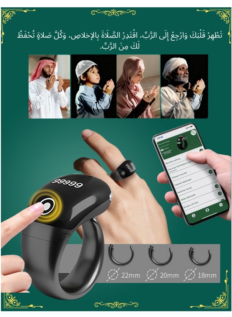 BESTPEAK Tasbih Zikr Smart Ring, New model with Bluetooth Connection Adjustable Counter, With Replaceable ring Sizes (/18/20/22/mm),  Prayer Time Reminder with Vibration Reminder, Tasbeeh Counter and Bluetooth Connection，OLED Screen Digital Counter Prayer Reminder Ring, Waterproof OLED Display Counter Zikr Ring, Tasbeeh counter for Muslims（Black） - Image 1
