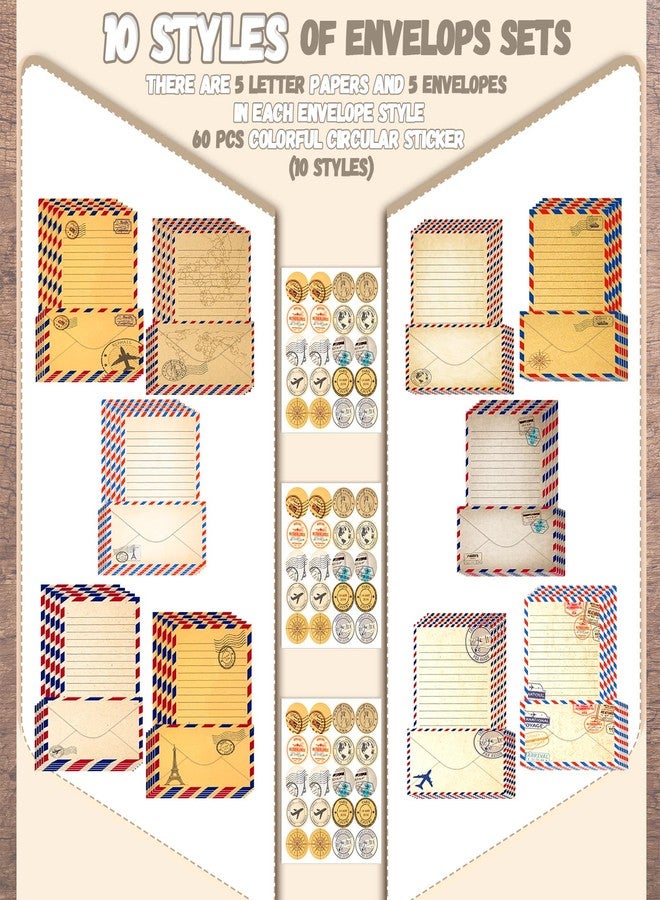 تاوباري مجموعة أوراق قرطاسية من تاوباري مكونة من 160 قطعة (50 ورقة كتابة مزدوجة الجوانب، 50 ظرفًا متطابقًا)، 60 ملصقًا دائريًا منقطًا، 10 تصاميم (سفر عتيق، 8.5 × 11 بوصة). - Image 5