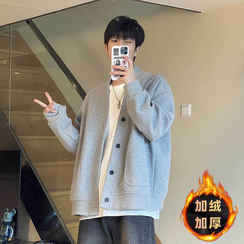 Cardigan Sweater Jacket Mens Spring and Autumn Loose Long-sleeved Outfit Fashion Brand All-match Handsome Couple Wear Lazy Outerwear Grey fleece-lined thickening [good quality]] 