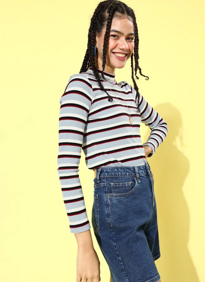 SASSAFRAS Stylish Striped High Neck Top for Women