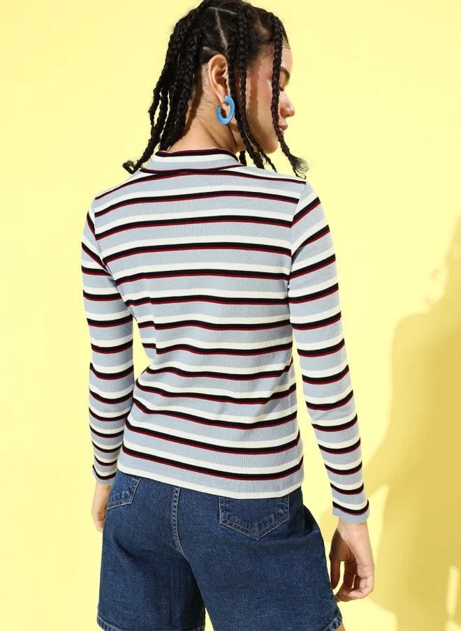 SASSAFRAS Stylish Striped High Neck Top for Women