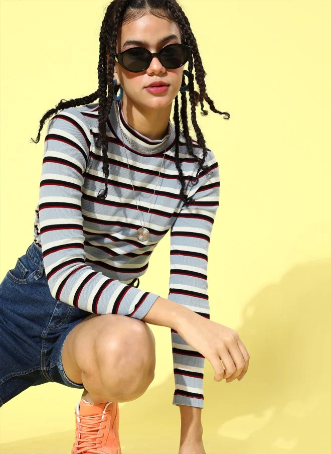 SASSAFRAS Stylish Striped High Neck Top for Women