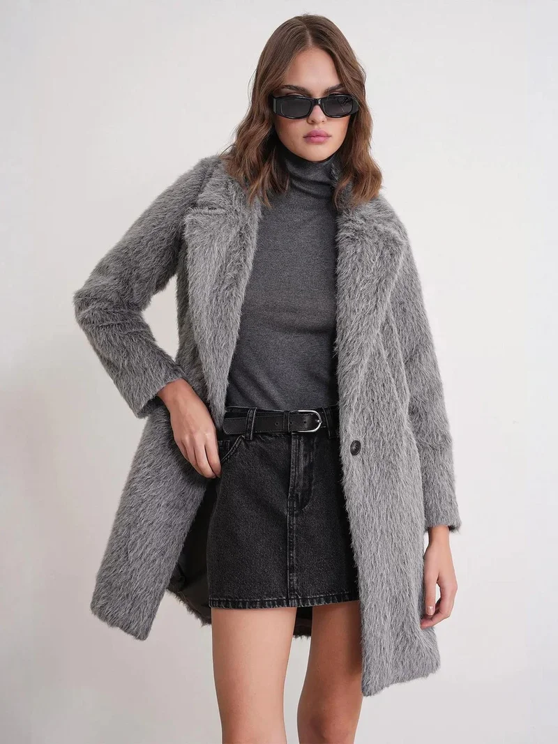 MixRay Grey Mixray Textured Long Coat with Jacket Collar for Women | Best Price UAE