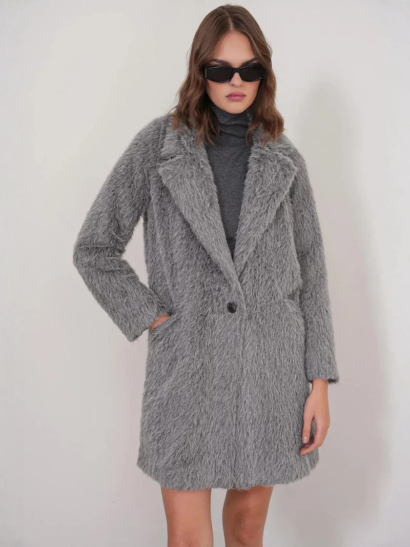MixRay Grey Mixray Textured Long Coat with Jacket Collar for Women | Best Price UAE