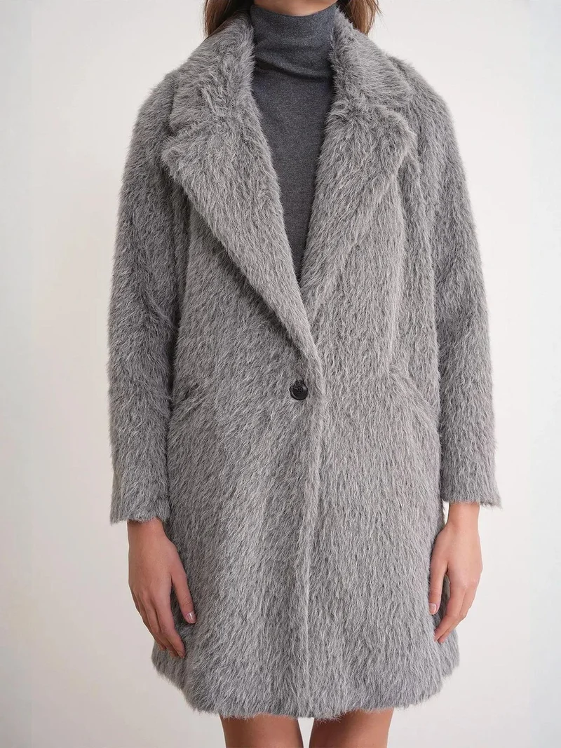 MixRay Grey Mixray Textured Long Coat with Jacket Collar for Women | Best Price UAE