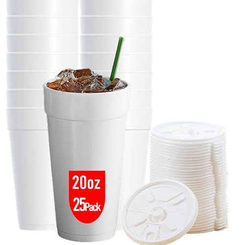 Mr. Miracle 20 OZ Foam Cups With Lids for Hot & Cold Drinks, USA-Made 25-Pack. Ideal Styrofoam Coffee Cups, Insulating To-Go Cups for Soda, Tea, Juice - Sturdy, Disposable & comparable to Industry standard 20J20 - Image 1