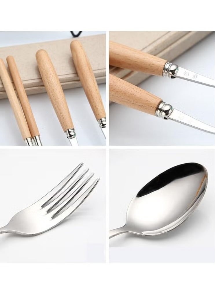 Wooden-Handled Stainless Steel Flatware Set with Case, Including Dinner Spoon, Fork, and Chopsticks - Image 5