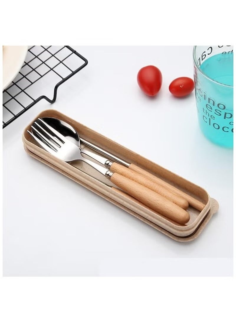 Wooden-Handled Stainless Steel Flatware Set with Case, Including Dinner Spoon, Fork, and Chopsticks - Image 4