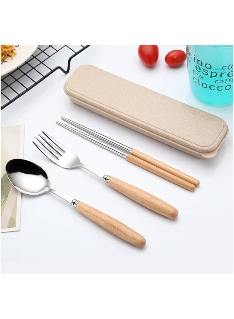 Wooden-Handled Stainless Steel Flatware Set with Case, Including Dinner Spoon, Fork, and Chopsticks - Image 2