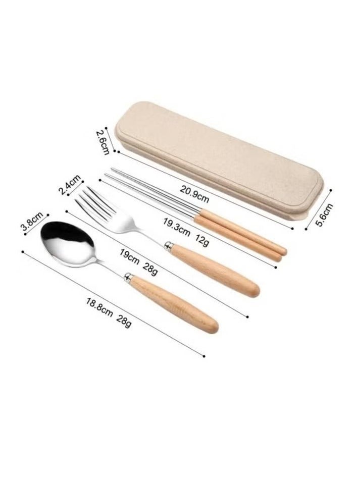 Wooden-Handled Stainless Steel Flatware Set with Case, Including Dinner Spoon, Fork, and Chopsticks - Image 3