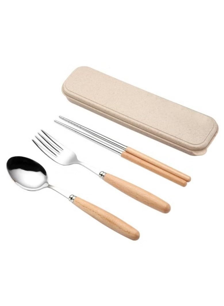 Wooden-Handled Stainless Steel Flatware Set with Case, Including Dinner Spoon, Fork, and Chopsticks - Image 1