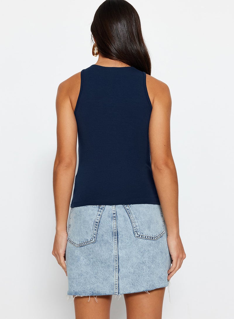 trendyol Navy Blue Cotton Halter Neck Fitted/Flexible Knitted Athlete Sitting on the Body TWOSS23AL00069 - Image 4