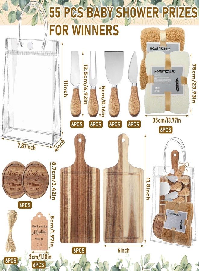 CraftyDream 55 Pcs Baby Shower Prizes for Winners 6 Sets Baby Shower Winners Guest Gifts Cheese Board Cheese Knives Wooden Coasters Towels Thank You Tags Bags for Wedding Bridal Favors(Brown) - Image 3